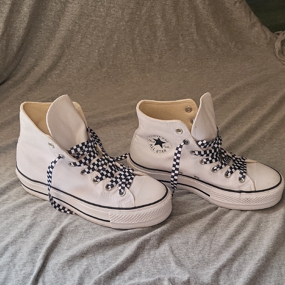 Converse White Canvas High-Top Platform Sneakers with Checkerboard Laces